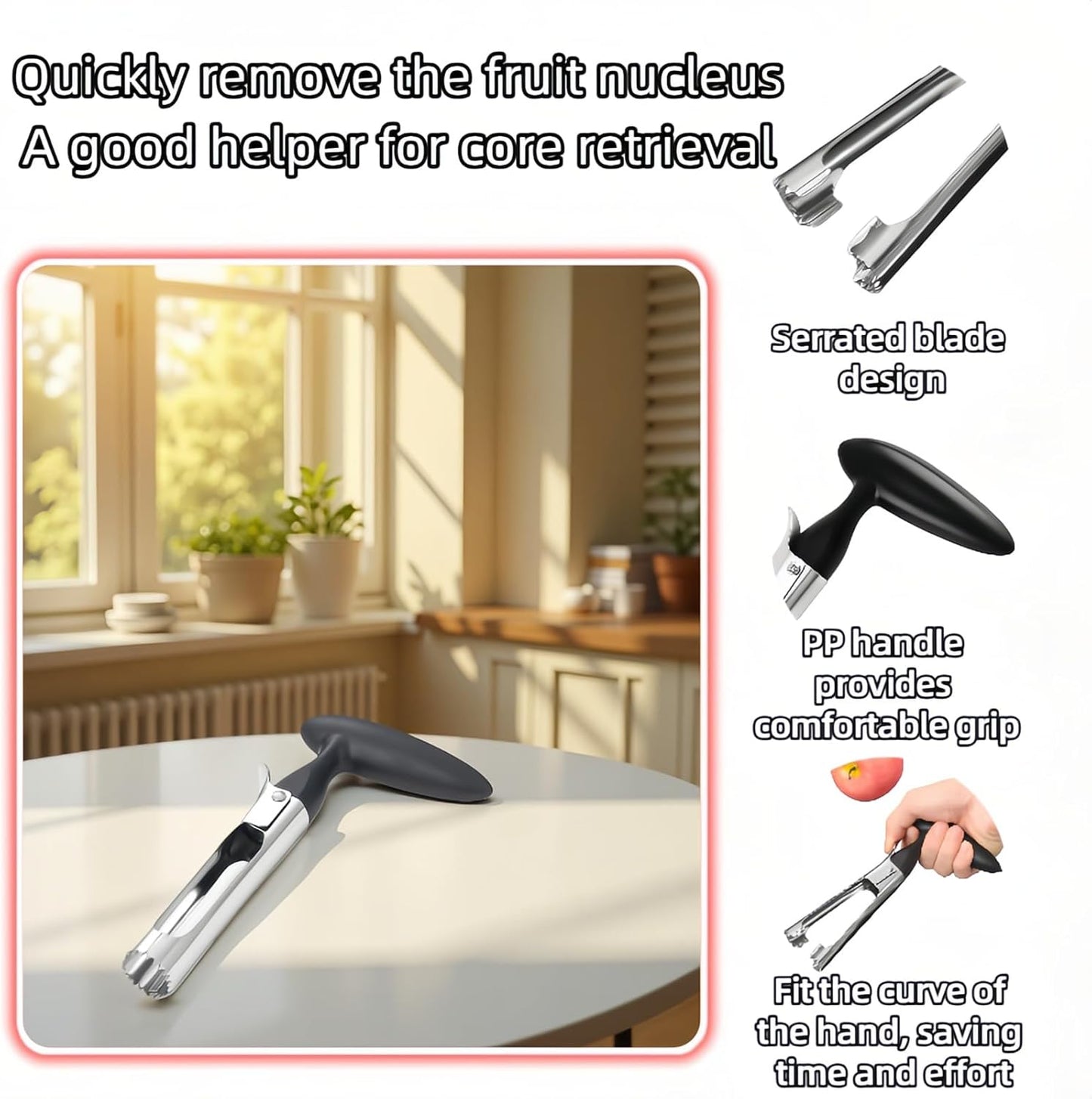 Premium Stainless Steel Apple Corer, Professional Fruit Core Remover Tool with Ergonomic Red Handle, Serrated Blades for Apples, Pears, Peaches, Plums, Easy Use & Clean (Red)