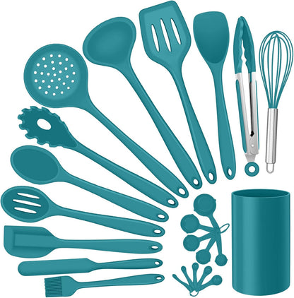 E-far Silicone Cooking Utensils Set, 7-Piece Black Heat Resistant Kitchen Utensils Set, Kitchen Nonstick Tools Spatula Ladle Spoon Pasta Server for Non-stick Cookware, Non-Toxic & Dishwasher safe
