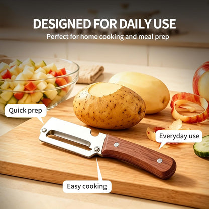 Multi-Functional Vegetable Peeler for Kitchen, Ultra-Sharp Stainless Steel Blade with Wooden Handle and Bottle Opener,2-in-1 Stainless Steel Kitchen Tool for Fruit Apple Potato Pumpkin Papaya