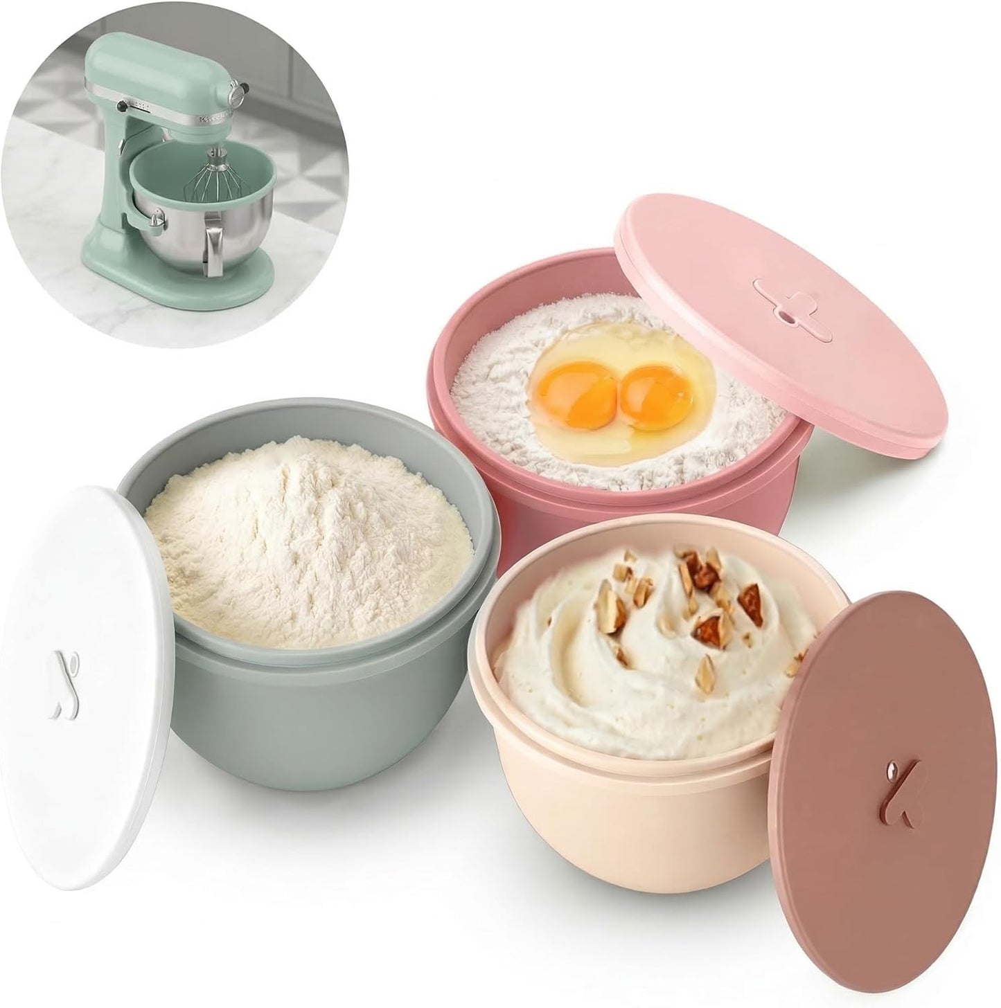 Omoiyari Premium MultiColors 3-Pack Silicone Bowl Liners with Lids for KitchenAid 7-Qt Bowl-Lift (Only), 2mm Extra-Thick Silicone, Odour-Free,Air Valves for Dough Proofing,Dishwasher Safe, BPA Free