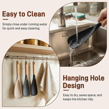 3 PACK Cooking Spatula Spoon for Nonstick Cookware, Multifunction Spoonula Great for Cooking, Serving, Baking, Mixing, Stirring, Scoop, Scrape - Sturdy BPA-Free Heat Resistant Silicone & Wood Handle