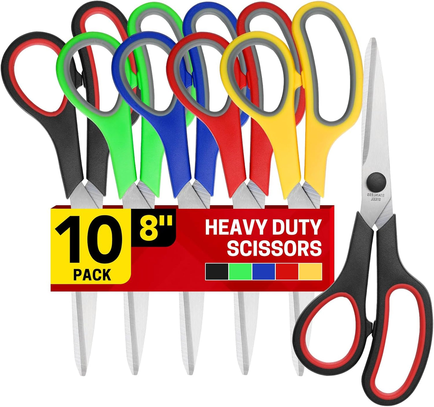 BURVAGY 8" 10 Pack All Purpose Heavy Duty Scissors- Comfort-Grip Sharp Scissors for Office School Sewing Fabric Craft High/Middle School Student Teacher Scissor, Right/Left Hand