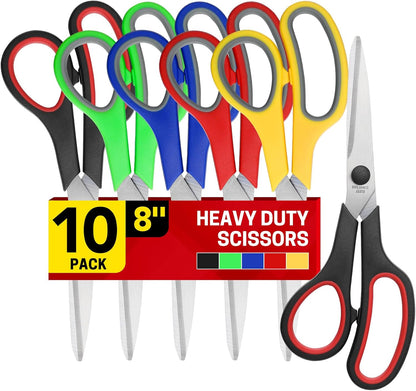 BURVAGY 8" 10 Pack All Purpose Heavy Duty Scissors- Comfort-Grip Sharp Scissors for Office School Sewing Fabric Craft High/Middle School Student Teacher Scissor, Right/Left Hand