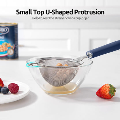 18/8 Stainless Steel Mesh Strainer: U-Taste 5.5 Inch Kitchen Fine Mesh Sieve Food Colander with Riveted Sturdy Silicone Handle and 30 Mesh Hole for Straining Flour, Pasta, Fruit, Quinoa(Aqua Sky)