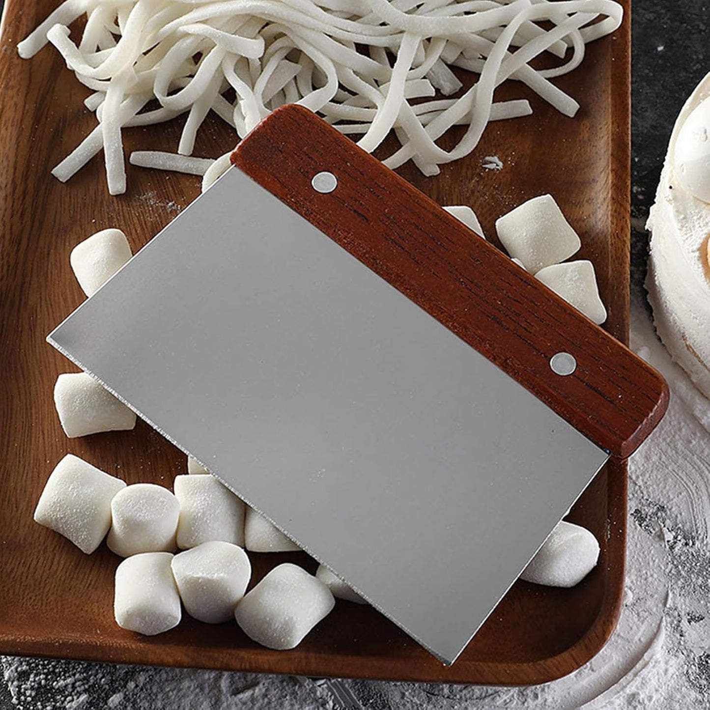 2 Pcs Bench Scraper Knife & Dough Scraper, Stainless Steel Food Cutter with Ergonomic Wood Handle, for Kitchen Baking, Cooking, Bread, Pizza & Cake