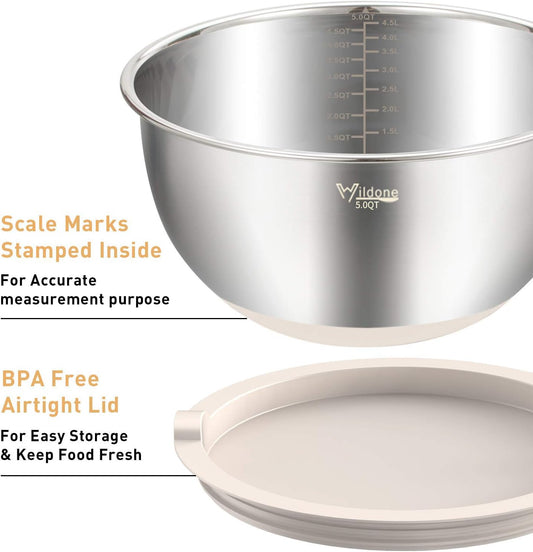 Mixing Bowls with Airtight Lids Set, 5PCS Stainless Steel Khaki Nesting Bowls for Kitchen, with Grater Attachments & Non-Slip Bottoms, Size 5, 3, 2, 1.5, 0.63 QT, Great for Mixing & Serving