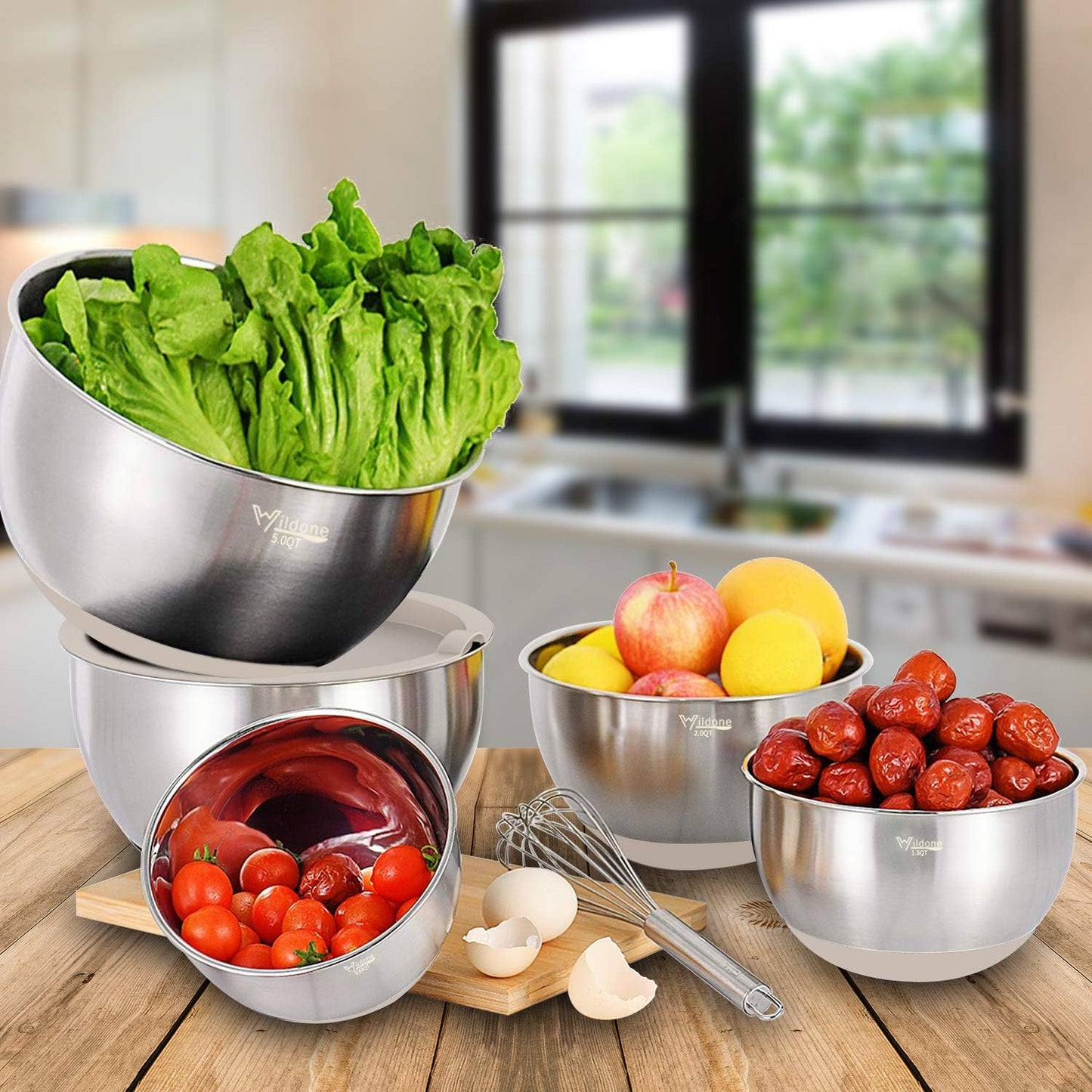 Mixing Bowls with Airtight Lids Set, 5PCS Stainless Steel Khaki Nesting Bowls for Kitchen, with Grater Attachments & Non-Slip Bottoms, Size 5, 3, 2, 1.5, 0.63 QT, Great for Mixing & Serving