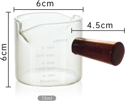 2 PCS Double Spouts Measuring Triple Pitcher Milk Cup with Wood Handle 75ML Espresso Shot Glasses Parts Clear Glass