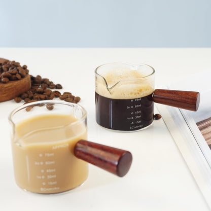 2 PCS Double Spouts Measuring Triple Pitcher Milk Cup with Wood Handle 75ML Espresso Shot Glasses Parts Clear Glass