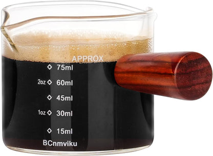 2 PCS Double Spouts Measuring Triple Pitcher Milk Cup with Wood Handle 75ML Espresso Shot Glasses Parts Clear Glass