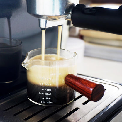 2 PCS Double Spouts Measuring Triple Pitcher Milk Cup with Wood Handle 75ML Espresso Shot Glasses Parts Clear Glass