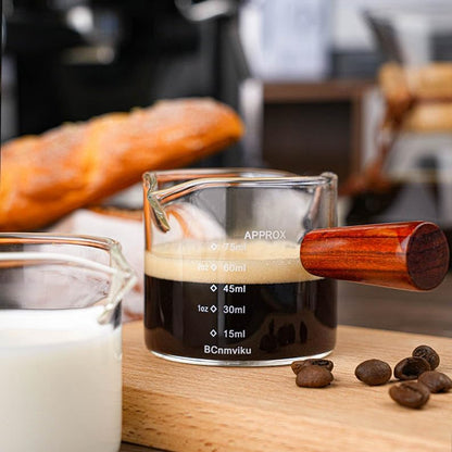 2 PCS Double Spouts Measuring Triple Pitcher Milk Cup with Wood Handle 75ML Espresso Shot Glasses Parts Clear Glass