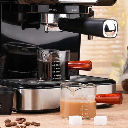 2 PCS Double Spouts Measuring Triple Pitcher Milk Cup with Wood Handle 75ML Espresso Shot Glasses Parts Clear Glass