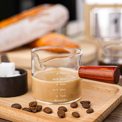 2 PCS Double Spouts Measuring Triple Pitcher Milk Cup with Wood Handle 75ML Espresso Shot Glasses Parts Clear Glass