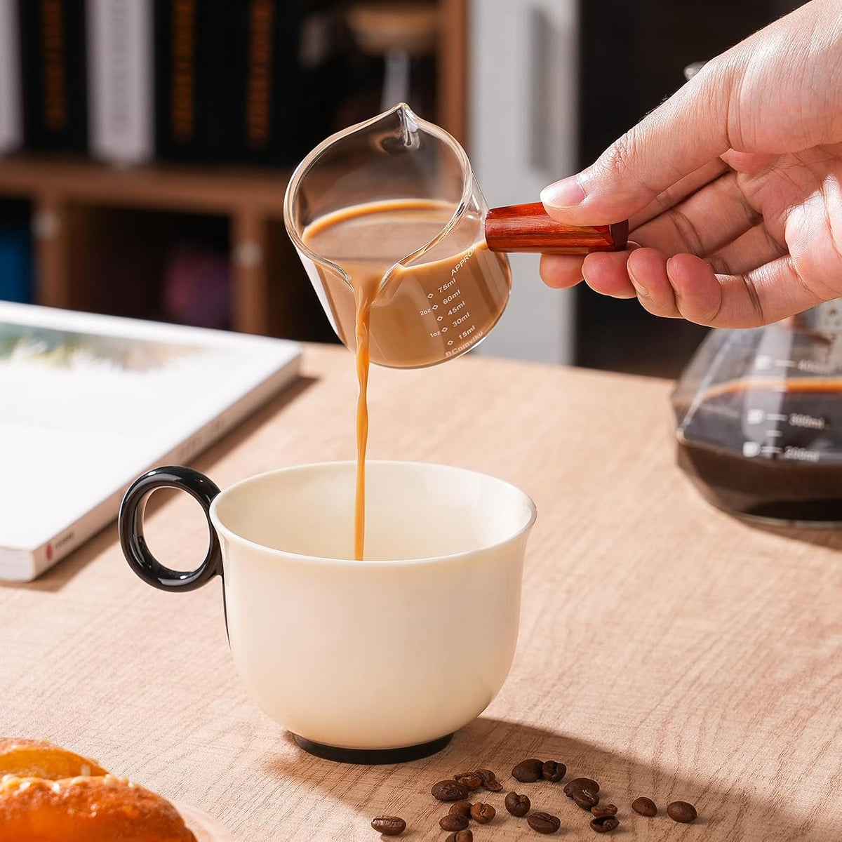 2 PCS Double Spouts Measuring Triple Pitcher Milk Cup with Wood Handle 75ML Espresso Shot Glasses Parts Clear Glass