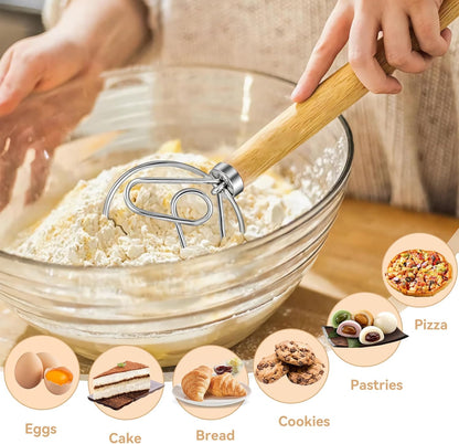 Danish Dough Whisk Dutch Bread Mixer Stainless Steel Hook Wooden Handle Baking Tools for Sourdough Pizza Pastry Cake Batter Making