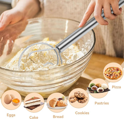 Danish Dough Whisk Dutch Bread Mixer Stainless Steel Hook Wooden Handle Baking Tools for Sourdough Pizza Pastry Cake Batter Making