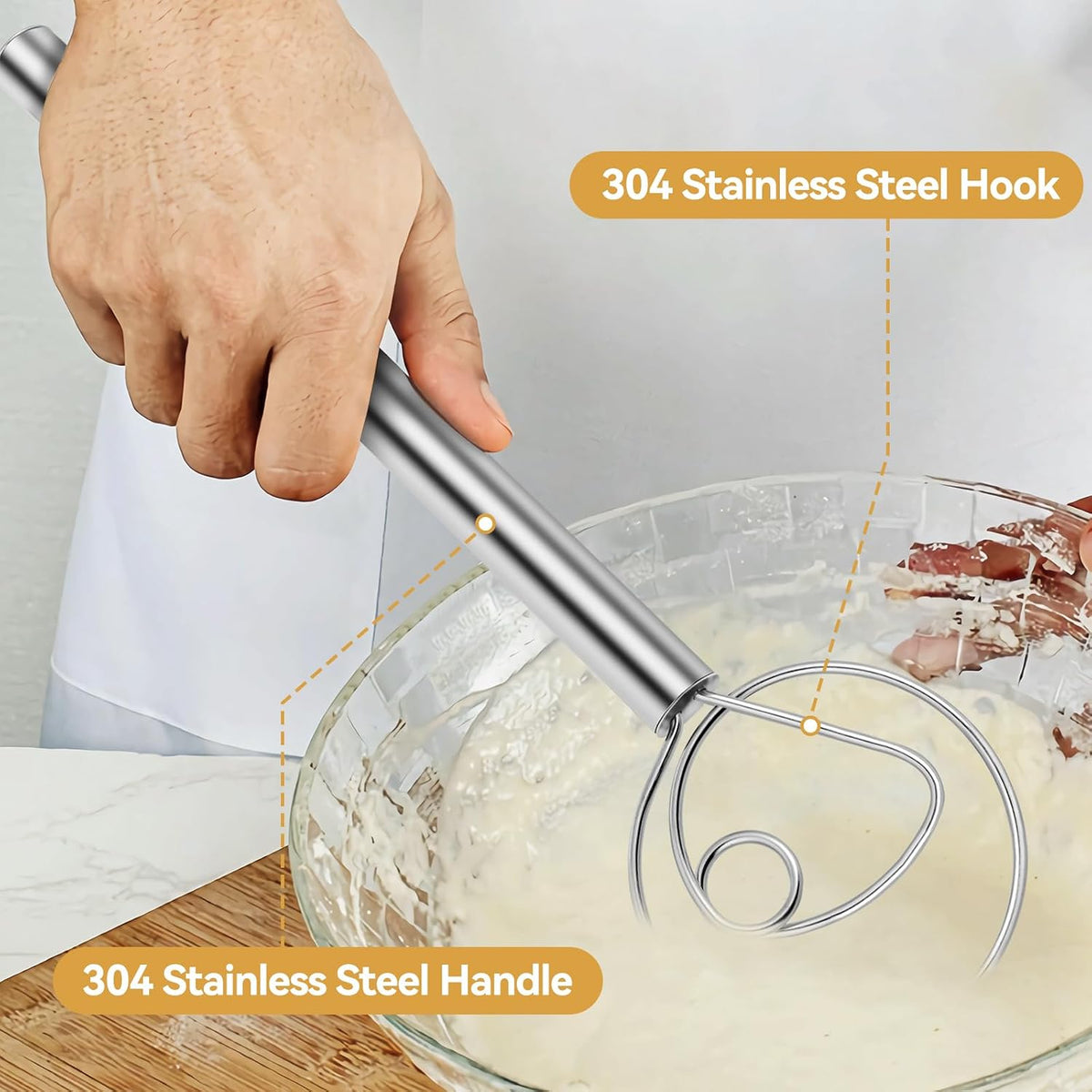 Danish Dough Whisk Dutch Bread Mixer Stainless Steel Hook Wooden Handle Baking Tools for Sourdough Pizza Pastry Cake Batter Making