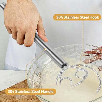 Danish Dough Whisk Dutch Bread Mixer Stainless Steel Hook Wooden Handle Baking Tools for Sourdough Pizza Pastry Cake Batter Making