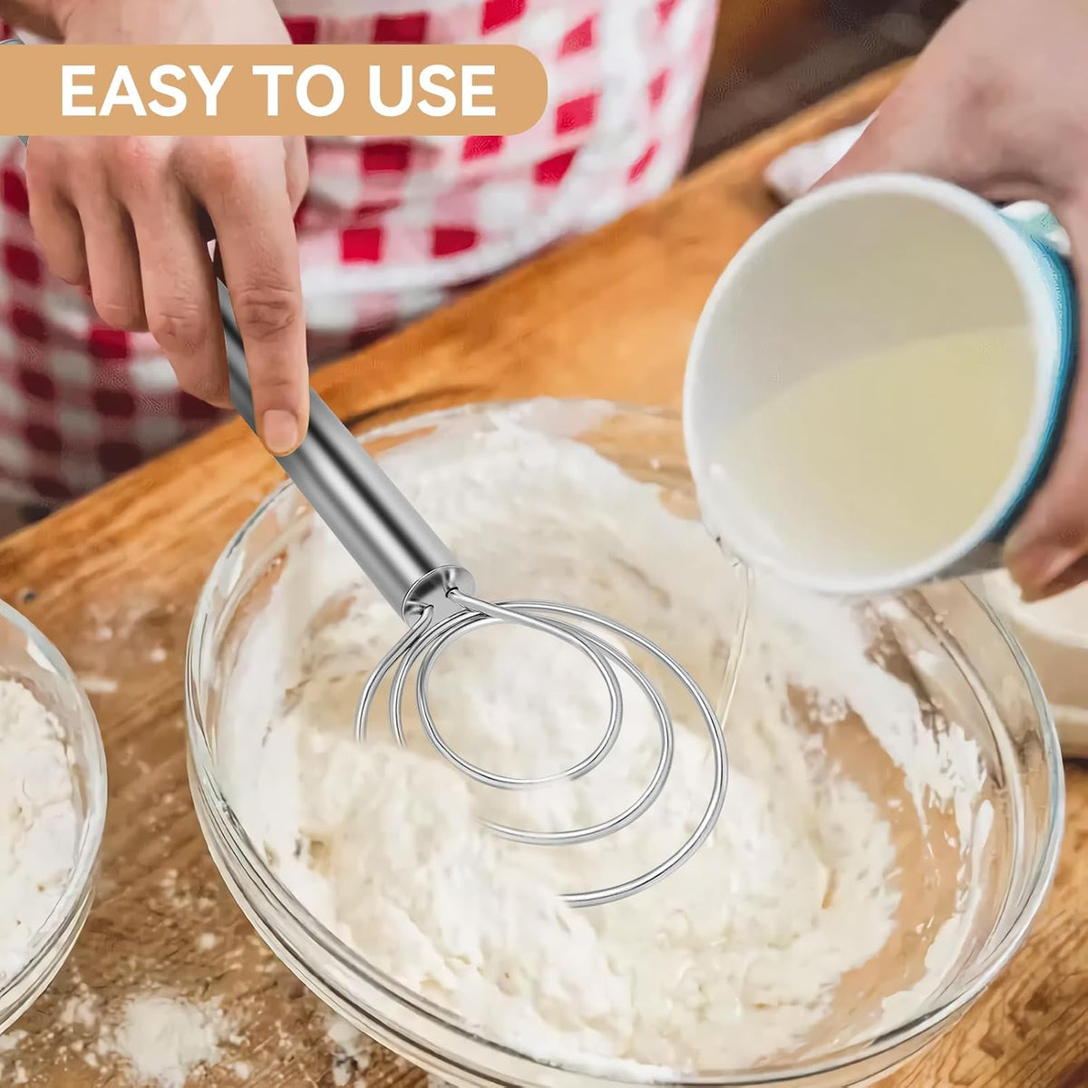 Danish Dough Whisk Dutch Bread Mixer Stainless Steel Hook Wooden Handle Baking Tools for Sourdough Pizza Pastry Cake Batter Making