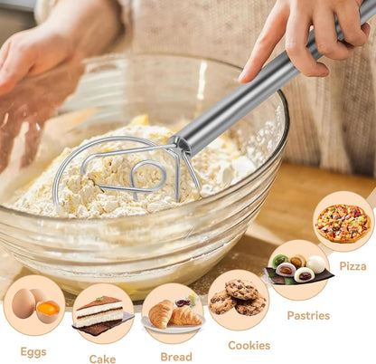 Danish Dough Whisk Dutch Bread Mixer Stainless Steel Hook Wooden Handle Baking Tools for Sourdough Pizza Pastry Cake Batter Making