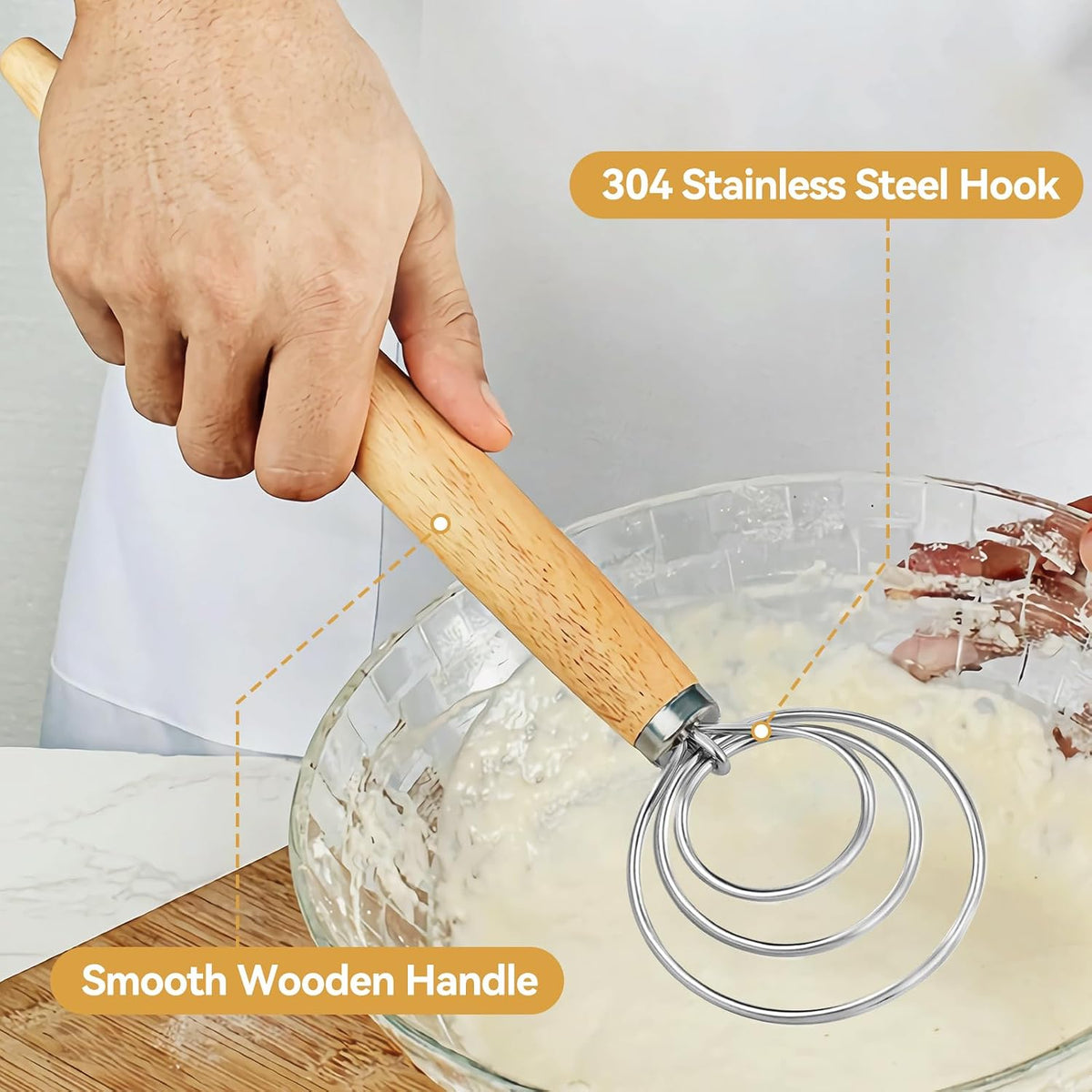 Danish Dough Whisk Dutch Bread Mixer Stainless Steel Hook Wooden Handle Baking Tools for Sourdough Pizza Pastry Cake Batter Making