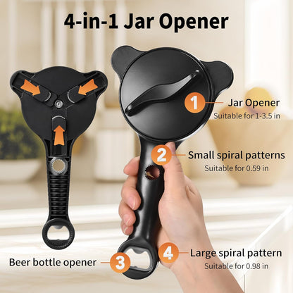 4-in-1 Jar Opener for Seniors with Arthritis – Adjustable Stainless Steel Lid Remover & Can Opener for Weak Hands, Fits All Jar Sizes & Bottle Caps, Makes Opening Easy – Kitchen Must-Have