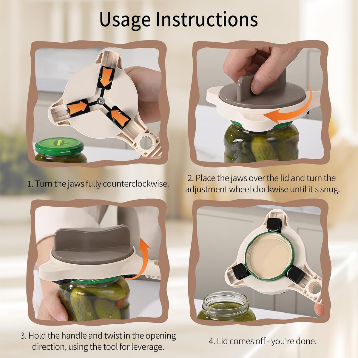 4-in-1 Jar Opener for Seniors with Arthritis – Adjustable Stainless Steel Lid Remover & Can Opener for Weak Hands, Fits All Jar Sizes & Bottle Caps, Makes Opening Easy – Kitchen Must-Have