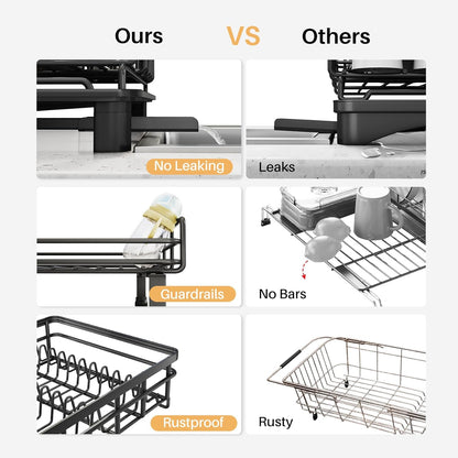 Expandable Dish Drying Rack for Kitchen Counter, Stainless Steel, Black | Foldable Over Sink, Large Capacity, Adjust to Fit Most Sinks, Angled Drainboard, Removable Utensil Holder, Slip Resistant