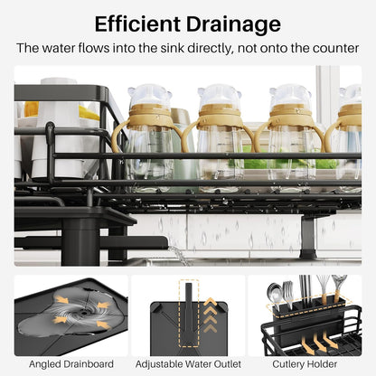 Expandable Dish Drying Rack for Kitchen Counter, Stainless Steel, Black | Foldable Over Sink, Large Capacity, Adjust to Fit Most Sinks, Angled Drainboard, Removable Utensil Holder, Slip Resistant