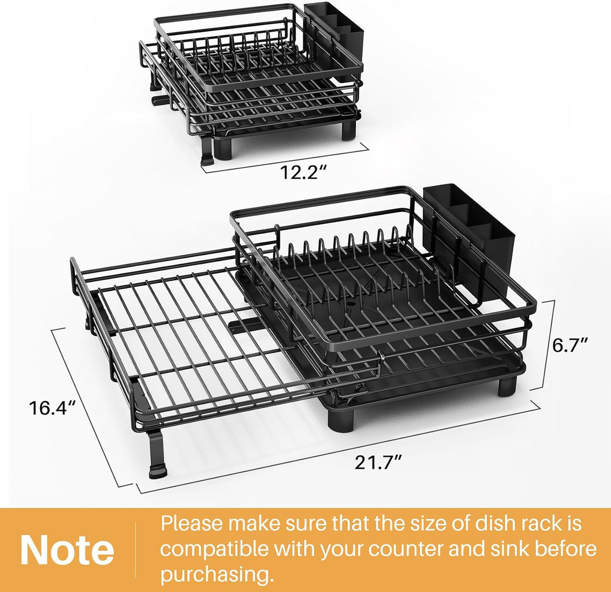 Expandable Dish Drying Rack for Kitchen Counter, Stainless Steel, Black | Foldable Over Sink, Large Capacity, Adjust to Fit Most Sinks, Angled Drainboard, Removable Utensil Holder, Slip Resistant