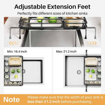 Expandable Dish Drying Rack for Kitchen Counter, Stainless Steel, Black | Foldable Over Sink, Large Capacity, Adjust to Fit Most Sinks, Angled Drainboard, Removable Utensil Holder, Slip Resistant