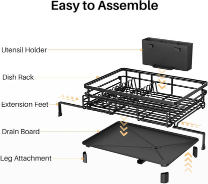 Expandable Dish Drying Rack for Kitchen Counter, Stainless Steel, Black | Foldable Over Sink, Large Capacity, Adjust to Fit Most Sinks, Angled Drainboard, Removable Utensil Holder, Slip Resistant