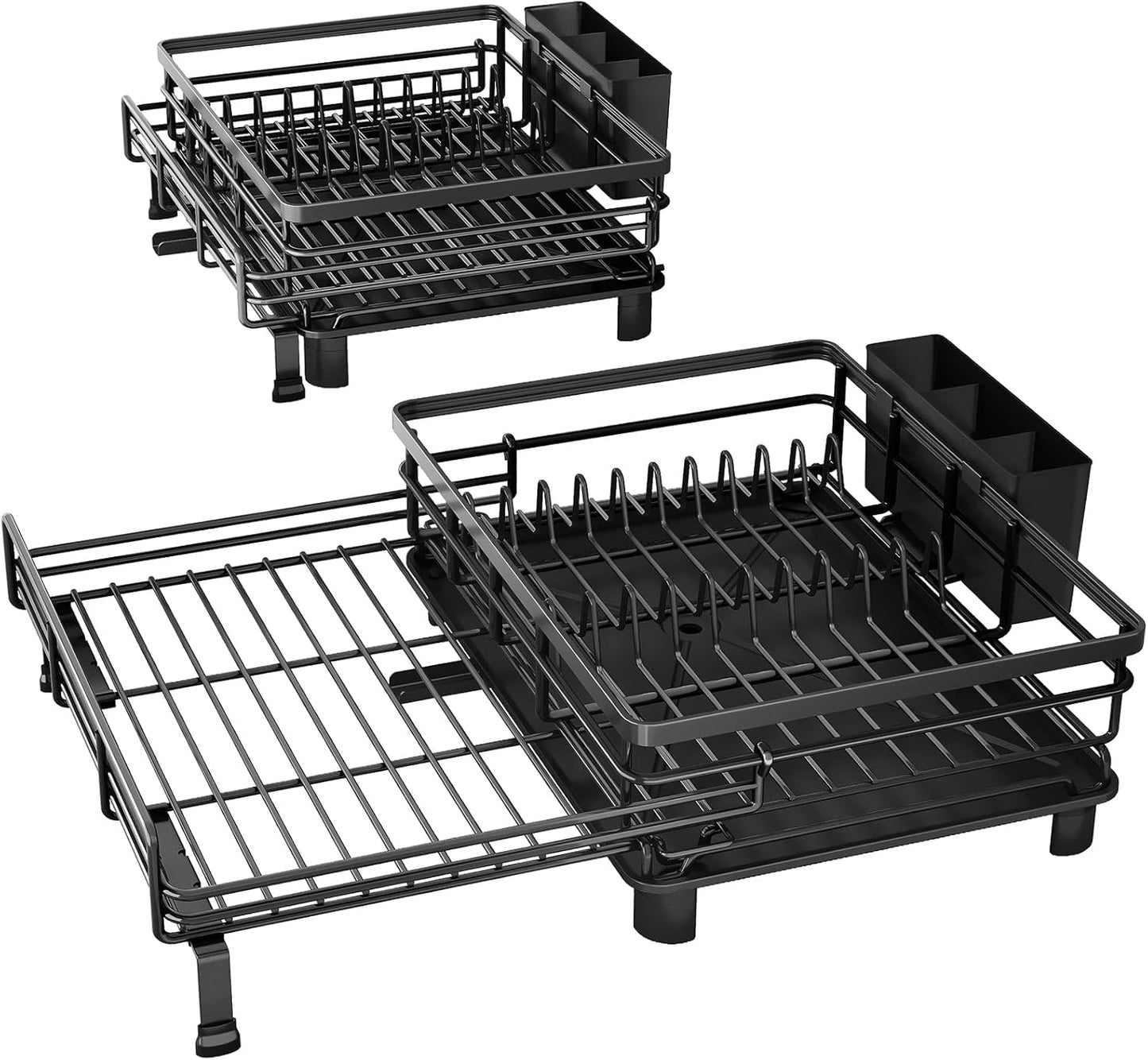 Expandable Dish Drying Rack for Kitchen Counter, Stainless Steel, Black | Foldable Over Sink, Large Capacity, Adjust to Fit Most Sinks, Angled Drainboard, Removable Utensil Holder, Slip Resistant