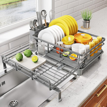 Expandable Dish Drying Rack for Kitchen Counter, Stainless Steel, Black | Foldable Over Sink, Large Capacity, Adjust to Fit Most Sinks, Angled Drainboard, Removable Utensil Holder, Slip Resistant