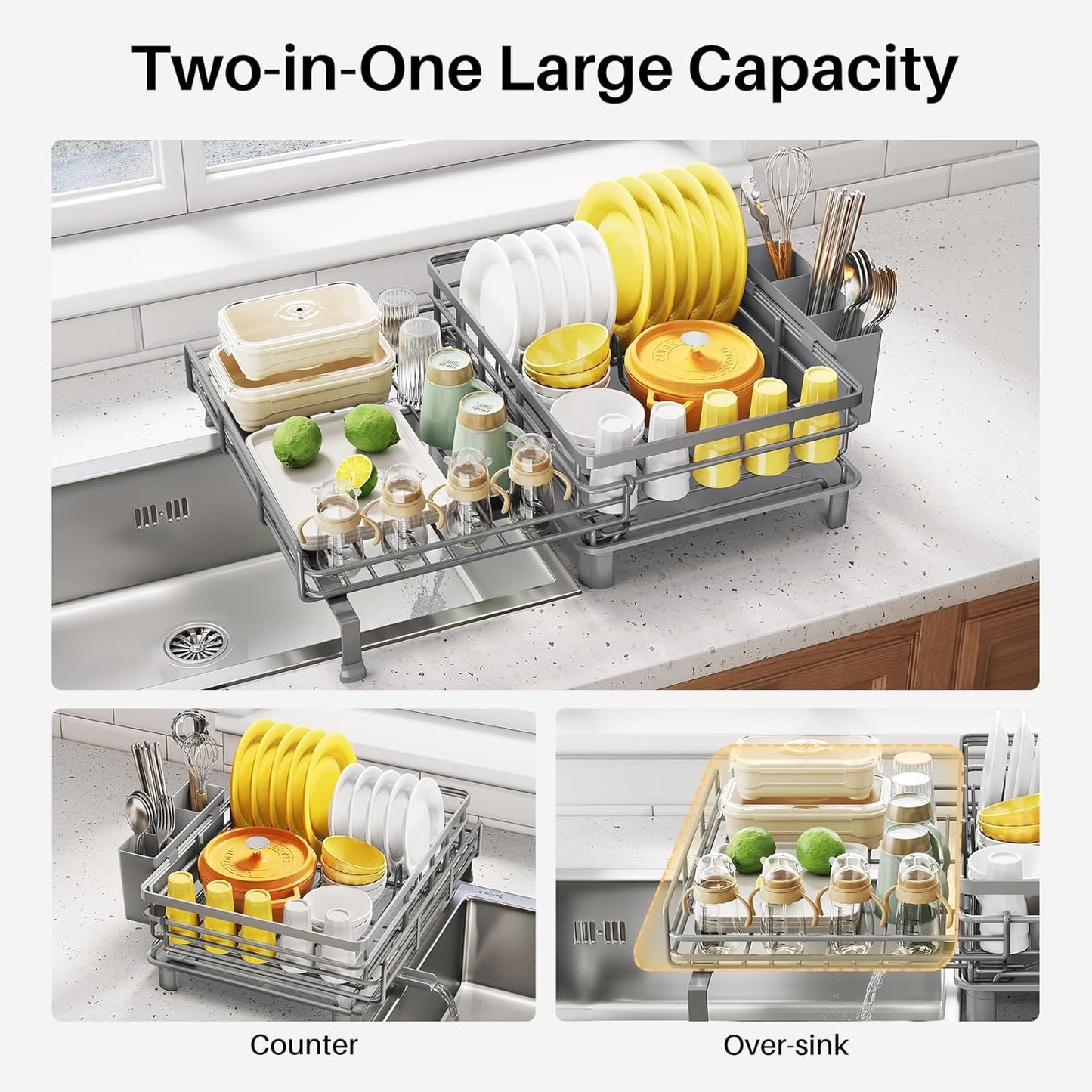 Expandable Dish Drying Rack for Kitchen Counter, Stainless Steel, Black | Foldable Over Sink, Large Capacity, Adjust to Fit Most Sinks, Angled Drainboard, Removable Utensil Holder, Slip Resistant