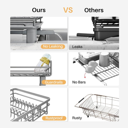 Expandable Dish Drying Rack for Kitchen Counter, Stainless Steel, Black | Foldable Over Sink, Large Capacity, Adjust to Fit Most Sinks, Angled Drainboard, Removable Utensil Holder, Slip Resistant
