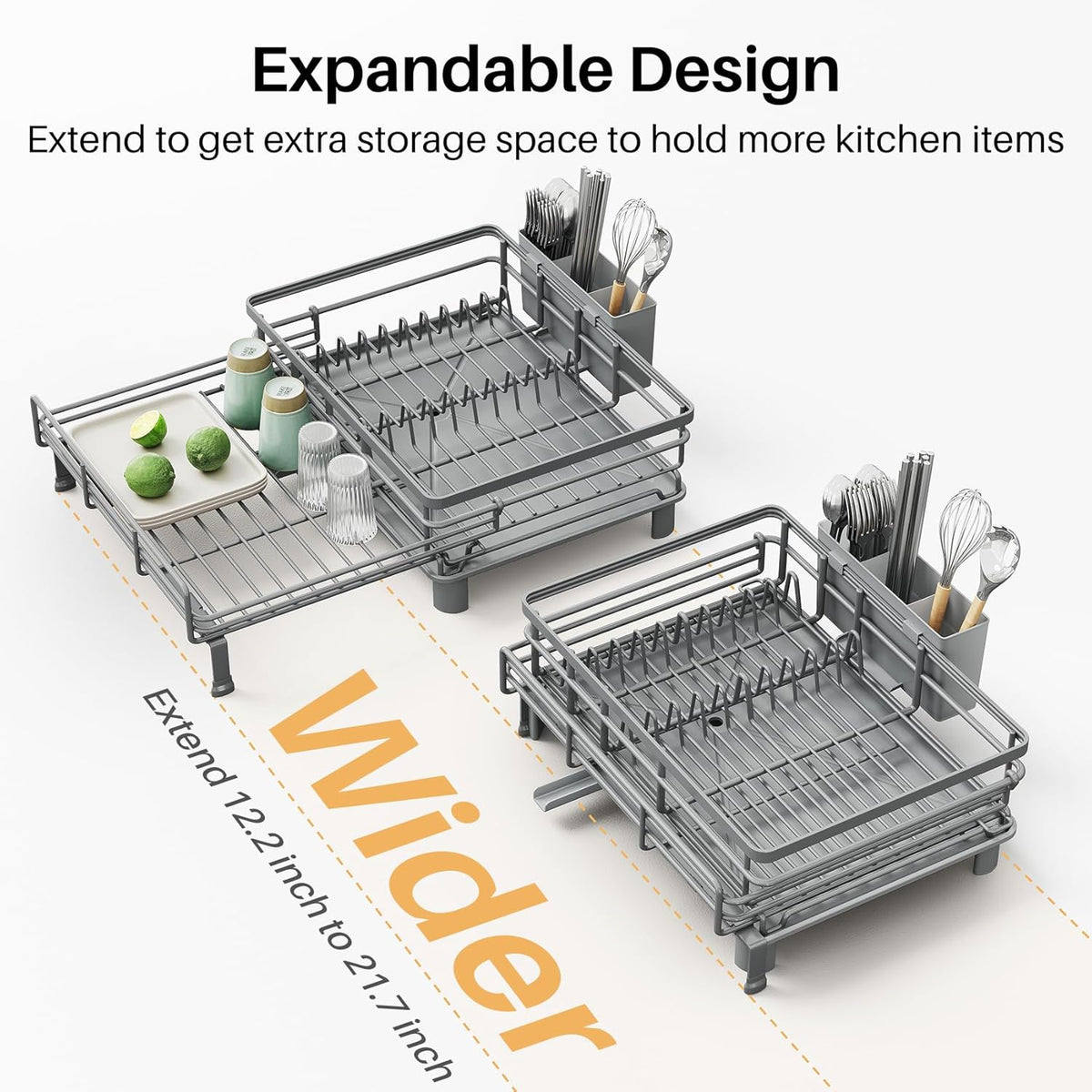 Expandable Dish Drying Rack for Kitchen Counter, Stainless Steel, Black | Foldable Over Sink, Large Capacity, Adjust to Fit Most Sinks, Angled Drainboard, Removable Utensil Holder, Slip Resistant