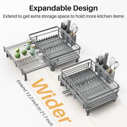 Expandable Dish Drying Rack for Kitchen Counter, Stainless Steel, Black | Foldable Over Sink, Large Capacity, Adjust to Fit Most Sinks, Angled Drainboard, Removable Utensil Holder, Slip Resistant