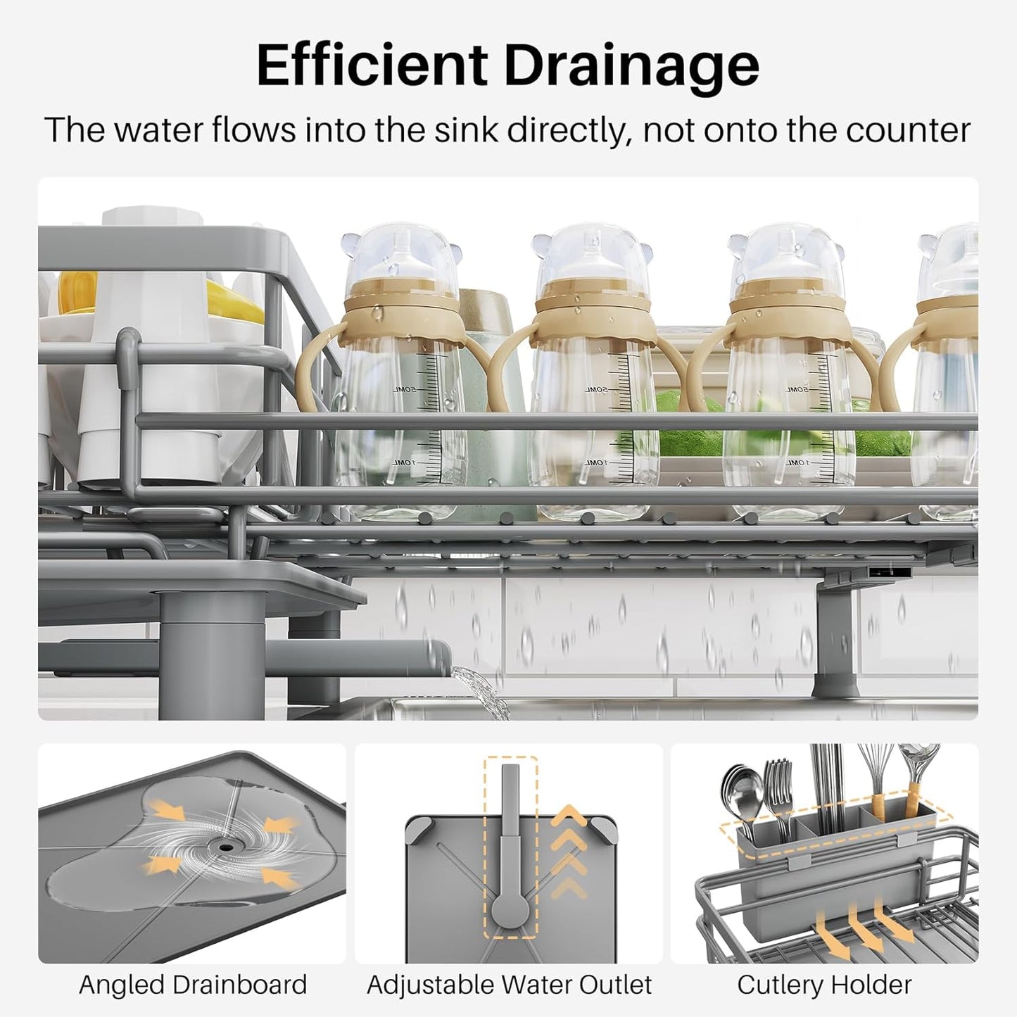 Expandable Dish Drying Rack for Kitchen Counter, Stainless Steel, Black | Foldable Over Sink, Large Capacity, Adjust to Fit Most Sinks, Angled Drainboard, Removable Utensil Holder, Slip Resistant