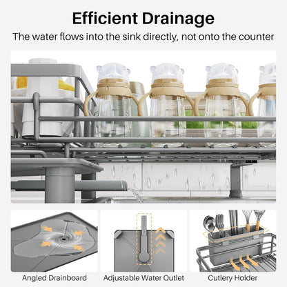 Expandable Dish Drying Rack for Kitchen Counter, Stainless Steel, Black | Foldable Over Sink, Large Capacity, Adjust to Fit Most Sinks, Angled Drainboard, Removable Utensil Holder, Slip Resistant