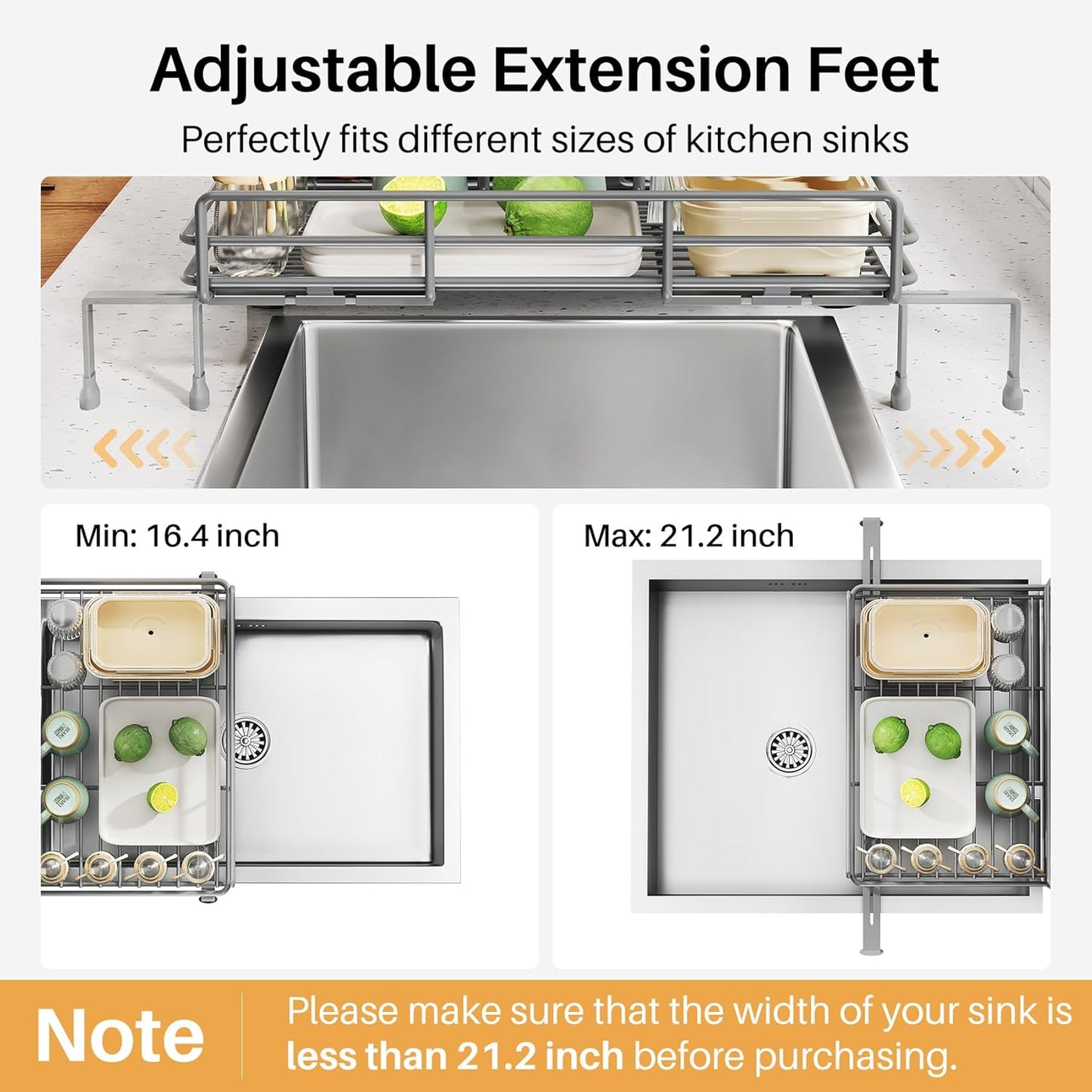 Expandable Dish Drying Rack for Kitchen Counter, Stainless Steel, Black | Foldable Over Sink, Large Capacity, Adjust to Fit Most Sinks, Angled Drainboard, Removable Utensil Holder, Slip Resistant