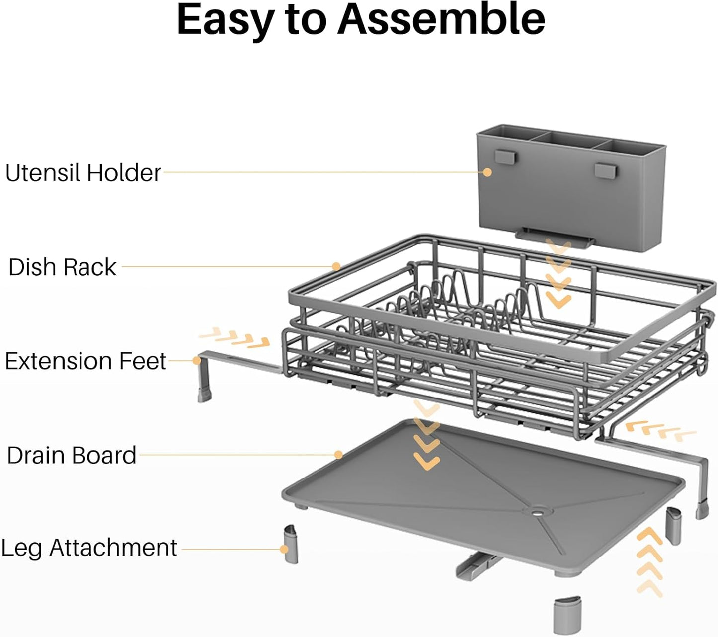 Expandable Dish Drying Rack for Kitchen Counter, Stainless Steel, Black | Foldable Over Sink, Large Capacity, Adjust to Fit Most Sinks, Angled Drainboard, Removable Utensil Holder, Slip Resistant