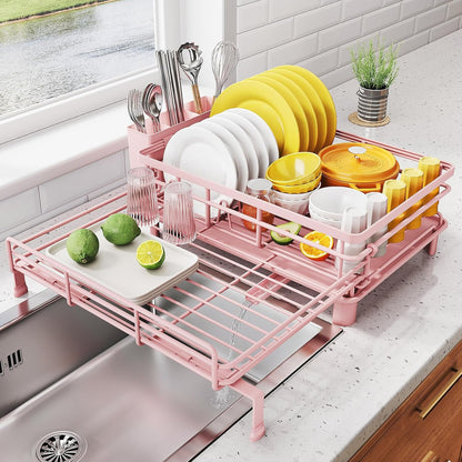 Expandable Dish Drying Rack for Kitchen Counter, Stainless Steel, Black | Foldable Over Sink, Large Capacity, Adjust to Fit Most Sinks, Angled Drainboard, Removable Utensil Holder, Slip Resistant