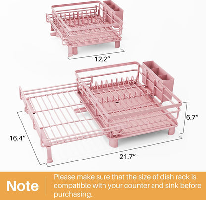 Expandable Dish Drying Rack for Kitchen Counter, Stainless Steel, Black | Foldable Over Sink, Large Capacity, Adjust to Fit Most Sinks, Angled Drainboard, Removable Utensil Holder, Slip Resistant