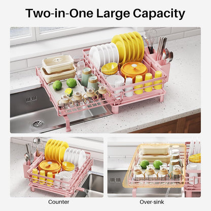 Expandable Dish Drying Rack for Kitchen Counter, Stainless Steel, Black | Foldable Over Sink, Large Capacity, Adjust to Fit Most Sinks, Angled Drainboard, Removable Utensil Holder, Slip Resistant