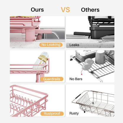 Expandable Dish Drying Rack for Kitchen Counter, Stainless Steel, Black | Foldable Over Sink, Large Capacity, Adjust to Fit Most Sinks, Angled Drainboard, Removable Utensil Holder, Slip Resistant