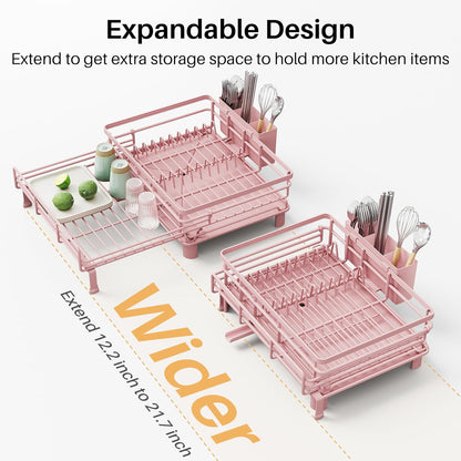 Expandable Dish Drying Rack for Kitchen Counter, Stainless Steel, Black | Foldable Over Sink, Large Capacity, Adjust to Fit Most Sinks, Angled Drainboard, Removable Utensil Holder, Slip Resistant