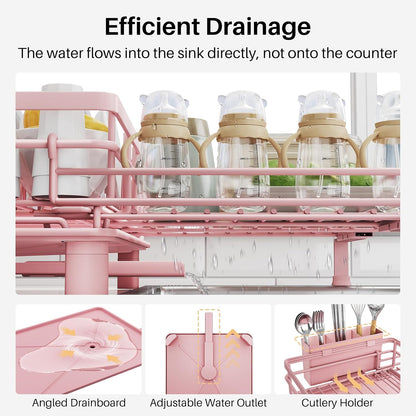 Expandable Dish Drying Rack for Kitchen Counter, Stainless Steel, Black | Foldable Over Sink, Large Capacity, Adjust to Fit Most Sinks, Angled Drainboard, Removable Utensil Holder, Slip Resistant