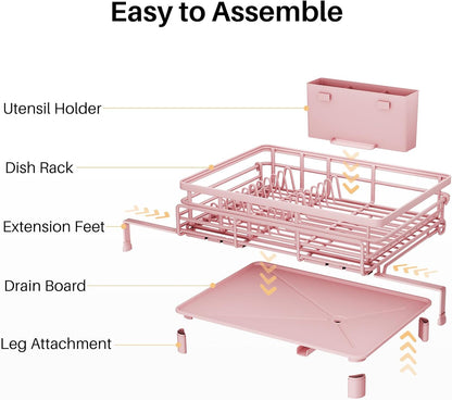 Expandable Dish Drying Rack for Kitchen Counter, Stainless Steel, Black | Foldable Over Sink, Large Capacity, Adjust to Fit Most Sinks, Angled Drainboard, Removable Utensil Holder, Slip Resistant